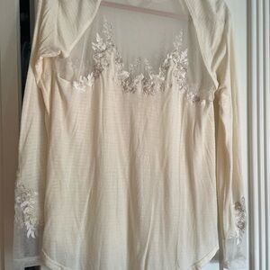 Free People Cream Mesh Lace Embroidered Top NWOT XS